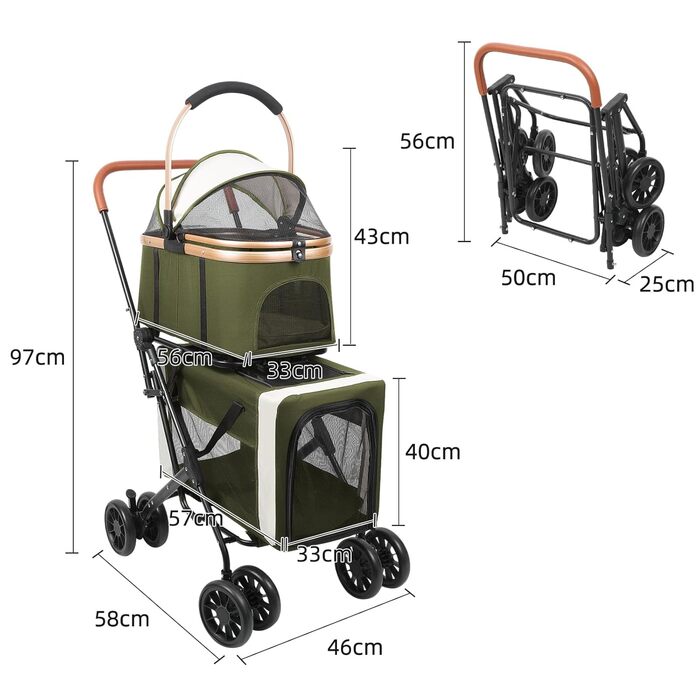 Дитяча коляска для тварин, бугі, складна, для собак та котів, з дихаючого мережива + водонепроникний оксфорд 300D + 4 колеса, переносна сумка для собак, складна до 20 кг (92 x 56 x 33 (зелений, 97*58*46))