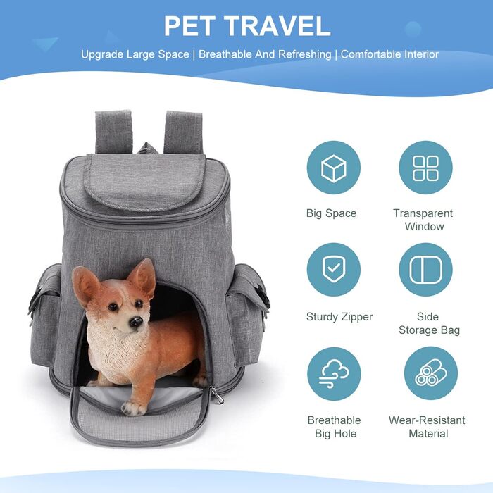 PETCUTE Рюкзак-переноска для собак і котів, сірий, до 6 кг