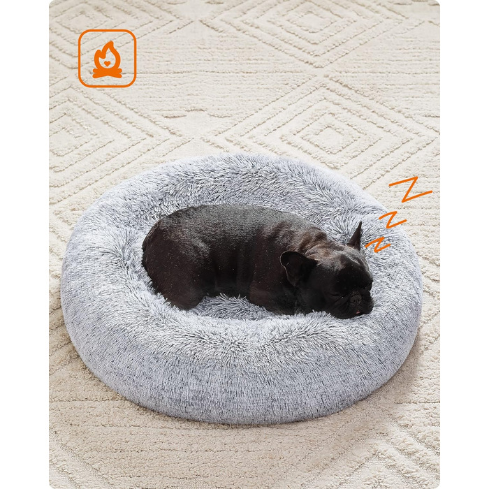 Ліжко для собак Feandrea, ліжко для котів, подушка-донат, 70 см, м'який плюш, знімний наповнювач, Ombré-Сірий