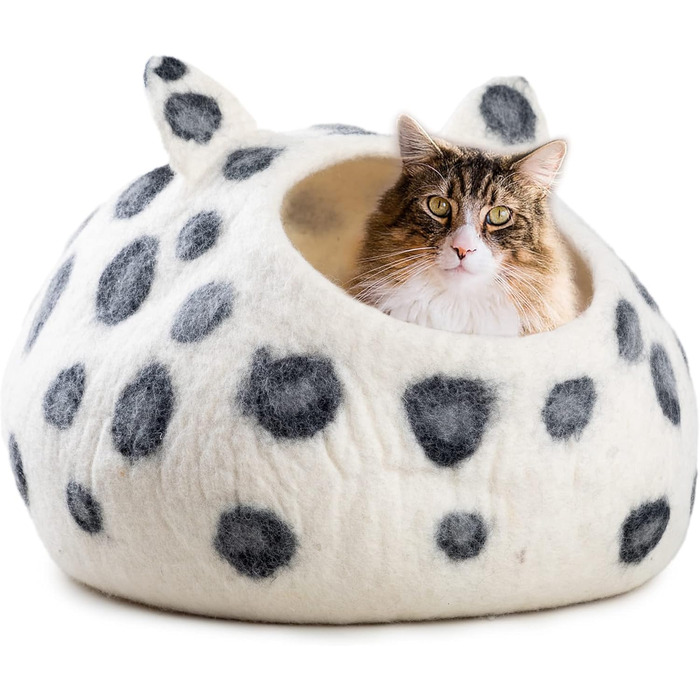 Котяча домівка Woolygon з вовни, ручна робота, 100% мериносова вовна, екологічна фетрова лежанка для котів і кошенят, біла з крапками, для дому