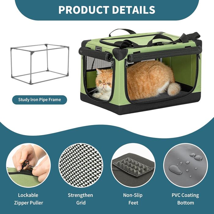 Складана транспортна сумка Petsfit для собак і котів XS, зелена, для подорожей та авто, міцна тканина, регульований чохол, посилені шви