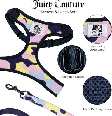 Juicy Couture Кольоровий камуфляжний шлейка та повідець для собак, регульований комплект з м'якою сітчастою підкладкою, для маленьких цуценят