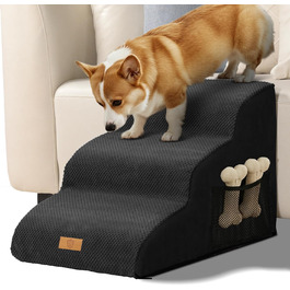 Сходинка для собак Eukue 3 сходинки, для маленьких собак та котів, портативна рампочка для ліжка та дивану, з високощільним шаром піни та чохлом, чорного кольору