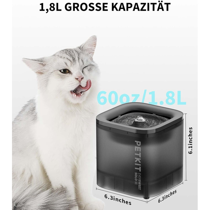 Фонтан-поїлка для котів та собак PETKIT CYBERTAIL, 1.85л, безшумний (25дБ) з LED-підсвіткою та бездротовим насосом, темно-сірий