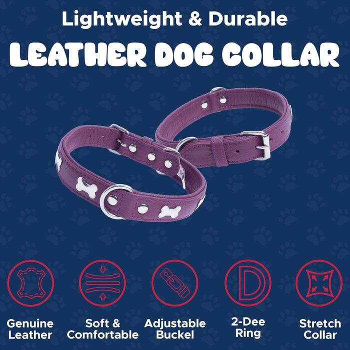 Шкіряний нашийник для собак Angel Pet Supplies, подвійний, фіолетовий, з кісточками, регульований, 29-36 см, преміум якість