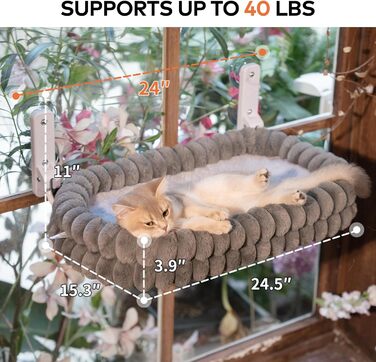 Кішка ліжко-гамак для вікна CheerPals, м'яка знімна наволочка, стабільне сталеве гніздо, до 18 кг, білий-L (сірий-M)