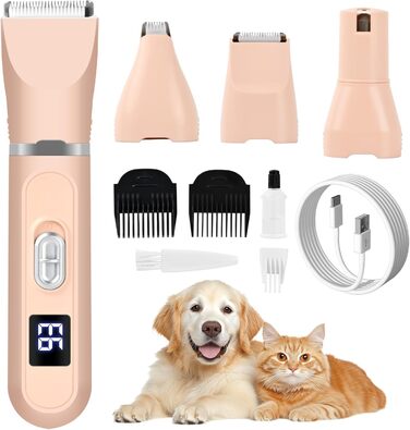 Набір для стрижки собак та котів 4-в-1: стрижка, триммінг, шліфування кігтів. Безшумна машинка для грумінгу домашніх тварин. Білий/Рожевий
