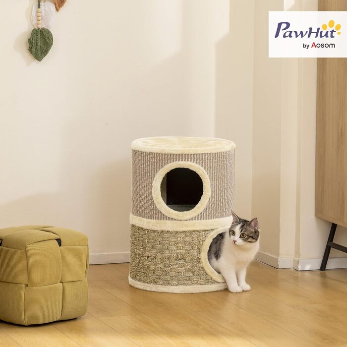 Котячий будиночок PawHut з когтеточкою, 79 см, 3 яруси, когтеточка з сизалевого мотузка, плюшеве гніздо, для великих котів, бежевий+коричневий