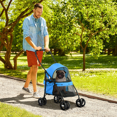 PawHut Dog Buggy Cart Dog Foldable з сітчастим вікном для маленьких собак і кішок, 2 захисних повідця, оксфордський матеріал синього кольору