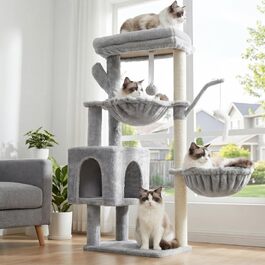 Котодрапалка Heybly Kratzbaum 100 см з платформою, будиночком, 2 гамаками та іграшками, світло-сіра HCT006SW
