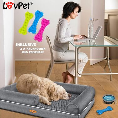 Ортопедичне ліжко-матрац для собак Lovpet Relax, комплект: миска + 3 жувальні кістки, диван-лежак для малих, середніх і великих собак, знімний і праний чохол, 91x71x22 см, антрацит
