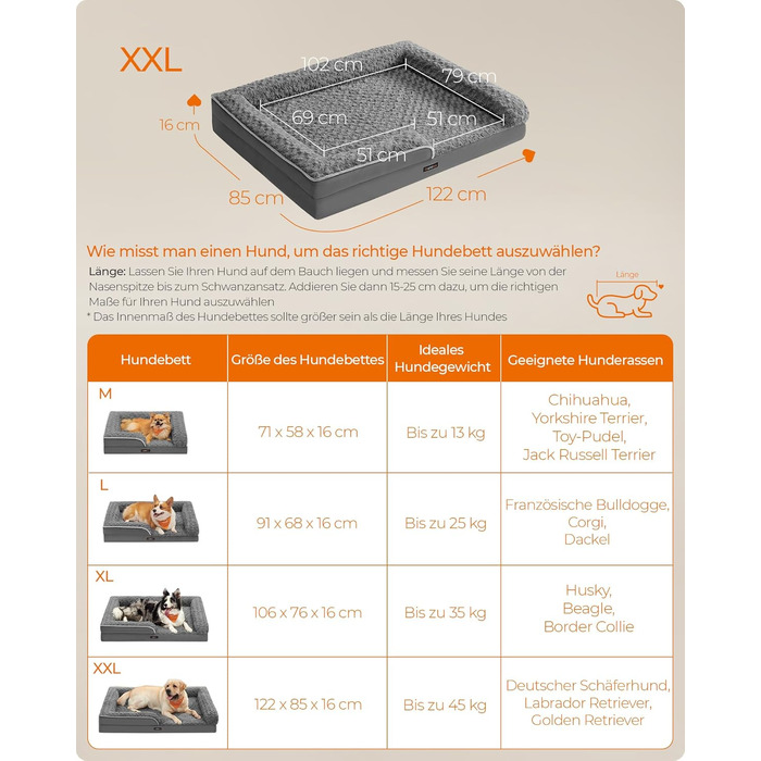 Ортопедичне ліжко для собак Feandrea, середнього розміру, водонепроникне, знімний плюшевий чохол, 91 x 68 x 16 см, PGW252G02 (XXL 122 x 85 x 16 см, сірий)