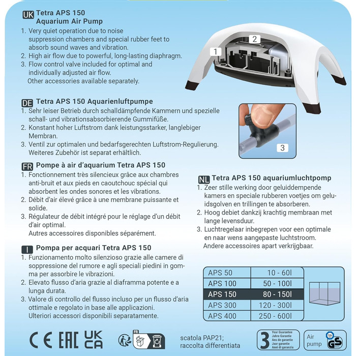 Tetra APS 300 тиха мембранна помпа для акваріумів 120-300 л, біла