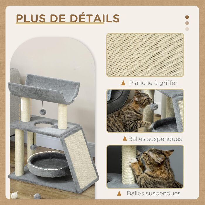 Котячий комплекс PawHut Cosy Chic, багатофункціональний, дерев'яний когтеточка, ігровий центр з лежаком, платформами, іграшкою, сірий, 60x30x76 см