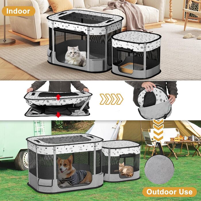 Портативний вольєр для котів DESELL, сірий, 8-разово посилений, розкладний, для кошенят, собак, indoor та outdoor