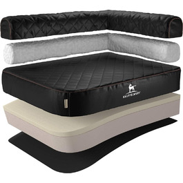 Ортопедичне кутове ліжко для собак Knuffelwuff Winslow з чорного лазерно-прошитого штучного шкіряного покриття, розмір L 85 x 63 см, збірна спинка, знімний чохол, легко миється, підходить для великих, середніх та малих собак. Розміри: 85 x 63 x 22 см.