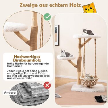 Дерев'яний кігтетопор Costway для котів з гамаком, мотузкою, натуральними гілками та платформою, 123 см