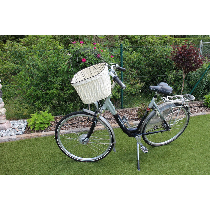 Кошик для собаки на кермо велосипеда з ротангу з металевою сіткою та подушкою (білий)