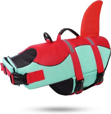 Спасальний жилет для собак у вигляді акули, XL (2XL), червоно-зелений. Безпечний та легкий жилет для водних розваг з ручкою та світловідбиваючими елементами для собак маленьких, середніх та великих порід.