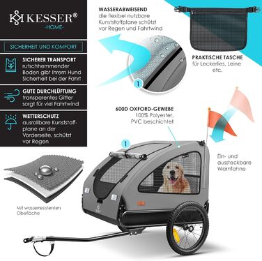 Великий велосипедний причіп-візок для собак KESSER Boxer 2-в-1, 250 л, складаний, 600D Оксфорд, до 45 кг, з прапорцем і сумкою