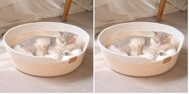 Кошик для котів CheerPals з подушкою 47 см, плетений з бавовняних мотузок, миється, для сну, універсальний, білий (набір 2 шт)