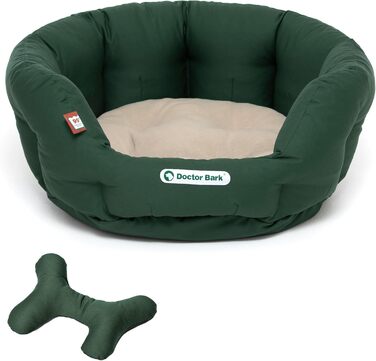 Ліжко для собак Doctor Bark - кругле, м'яке, середнього розміру, з ортопедичною подушкою та іграшкою-кісткою. Можна прати до 95°C. Виготовлено в Німеччині (M - 50x40 см, Зелений/Бежевий)