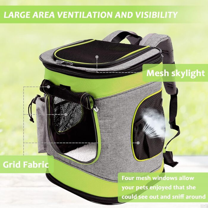 Рюкзак-переноска для собак та котів Kato Tirrinia, зелений. Підходить для середніх собак та кошенят, з сіткою для вентиляції.
