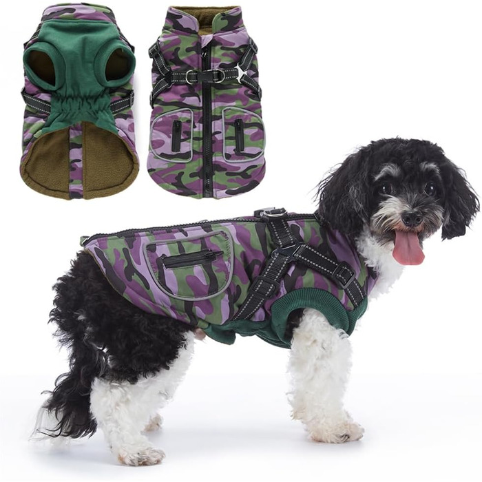 Водонепроникна куртка для собак з шлейкою, тепла жилетка, вітрозахисна куртка, відображаючий сніговий костюм для цуценят, дрібних та середніх собак (Purple,M)