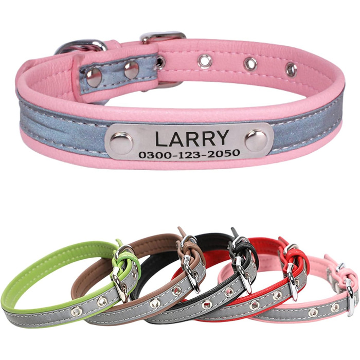 Персоналізоване світловідбиваючий нашийник для собак та котів Yonsbox – Легкий, міцний нашийник з мікрофібри з гравіюванням, тихим ID-значком та світловідбиваючою смугою – 6 розмірів (XS–XXL) (Рожевий, S: 26-32 см (підходить для 4-7 кг))