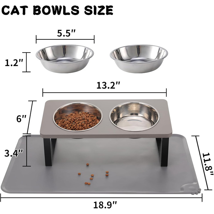 Підвищений годівниця для котів з килимком, нахилений під кутом 15°, годівниця проти блювоти для корму та води, 2 шт. з нержавіючої сталі для котів та цуценят (сірий), 2 миски сірого кольору