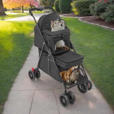Двошаровий візок для домашніх тварин з сітчастим вікном, гальмом та сумкою для зберігання. Складаний двоярусний візок для собак та котів, вантажопідйомність 15-20 кг (Чорний)