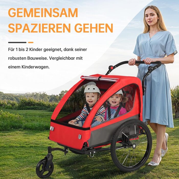 Дитячий велопричіп 2в1 з функцією візка та бігуна, амортизація, регульована ручка-штовхач та гальма, для 1-2 дітей до 40 кг (Червоний)