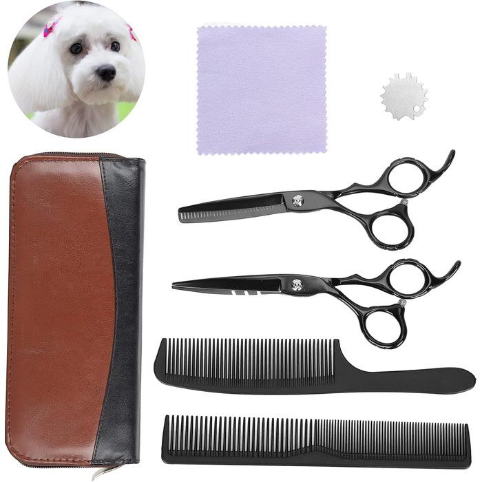 Набір професійних ножиць для грумінгу собак та котів: ножиці для розрідження та прямі, гребінець