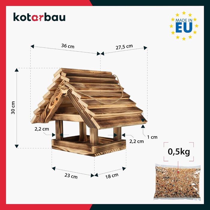 KOTARBAU® дерев'яна годівниця для птахів з обпаленого дерева, підвісна, з 0,5 кг корму у подарунок