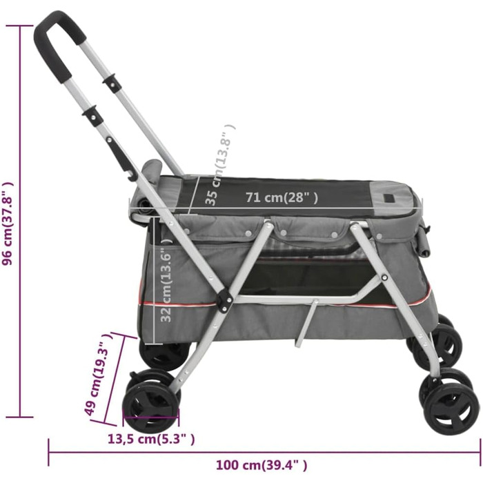 Складаний візок для собак vidaXL, сірий, 100x49x96 см, з лляної тканини