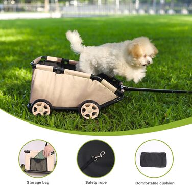 Міні-візок для тварин, складаний універсальний візок для покупок з висувною ручкою, для прогулянок на вулиці, з подушкою та страхувальним тросом, з кишенькою (Хакі)