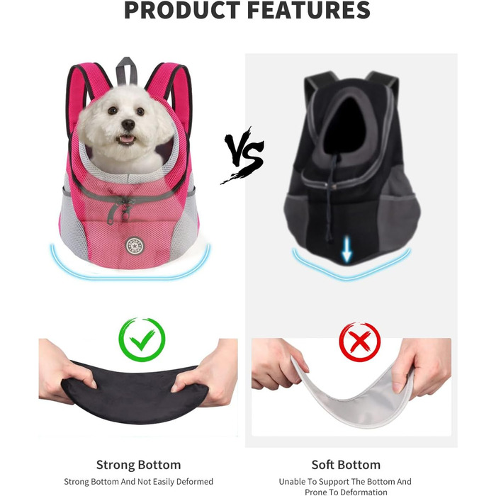 Рюкзак-переноска для собак та котів PETCUTE, рожевий/червоний, з регульованим ременем, водонепроникним дном та зручною передньою кишенею