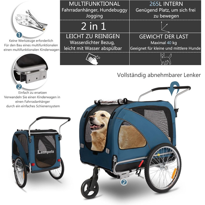Причеп для собак XL 2-в-1 для велосипеда та візка, з гальмом та світловідбивачами, матеріал 600D Oxford, до 40 кг (Блакитний)