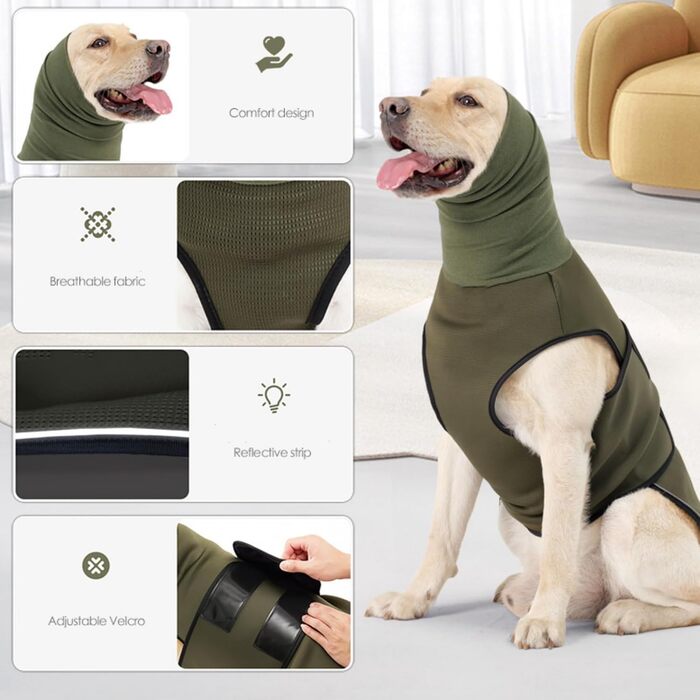 Заспокійлива накидка для собак Yanucy 2-в-1: накидка від тривоги та капюшон для захисту вух. Зменшує страх під час феєрверків та грози. (Зелений, Синій, L)