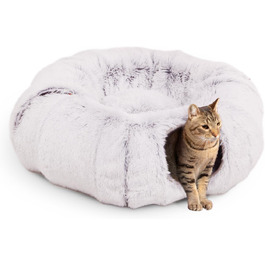 CanadianCat Company | Преміум тунель для котів Otis, сірий, м'який хутряний вкладиш, XXL, 2-в-1 тунель-донат для великих котів з пухнастою подушкою