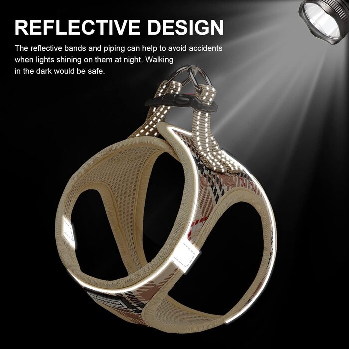 Нашийник для собак маленьких порід з повідком, анти-тягнучий, світловідбиваючий, дихаючий, нагрудник для цуценят (Бежевий, S, Обхват грудей: 29-33 см)