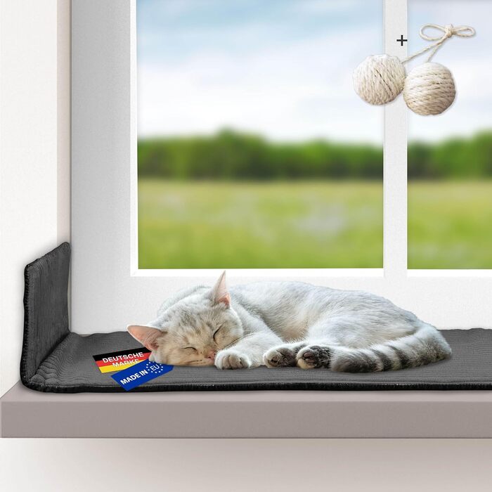 Кішка ліжко-лежанка на підвіконня з самонагрівальною підстилкою | З антиковзаючою основою | Зручне кішка ліжко з м'якого корду | Розмір 2 (90 x 29 см) | Темно-сірий колір | Зроблено в ЄС