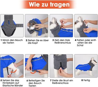 Зимова куртка для собак SlowTon з флісу, тепла та водонепроникна, з капюшоном-шарфом та світловідбиваючими смугами, регульована, для цуценят та собак (Синій, M)