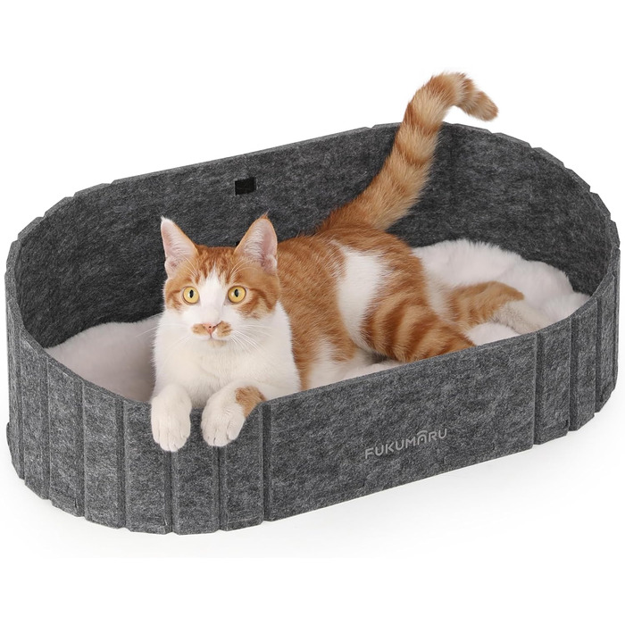 Ліжко для котів FUKUMARU, сіре овальне ліжко-диван з м'яким штучним хутром, філц, 61 см