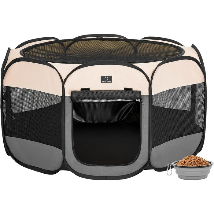 Клітка-загон для собак на 4 місця, великий розмір, портативна, з водонепроникним дном та блискавкою, для дому та вулиці, з мискою, темно-сірий та рожевий (M з мискою, темно-сірий та бежевий)