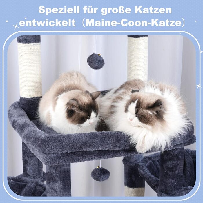 Котячий будиночок Hey-brother Kratzbaum для великих котів та Мейн-кунів, багатоярусний, стабільний, з 2 платформами, 2 котячими будиночками, великою печерею та щіткою, EMPJ070W (димно-сірий)