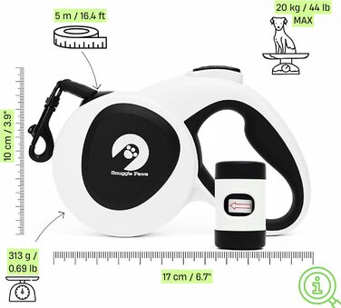 Рулетка-повідок для собак Snuggle Paws 5м з LED-ліхтарем, котушкою для пакетів, антивандальним сталевим тросом та відбивною нейлоновою стрічкою, для малих собак до 20 кг