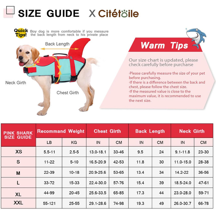 Спасальний жилет для собак у вигляді акули, XL (2XL), червоно-зелений. Безпечний та легкий жилет для водних розваг з ручкою та світловідбиваючими елементами для собак маленьких, середніх та великих порід.