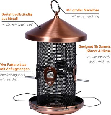 Годівниця для птахів Dobar 11517 з мідною обробкою - металева годівниця для насіння, 20x20x32 см