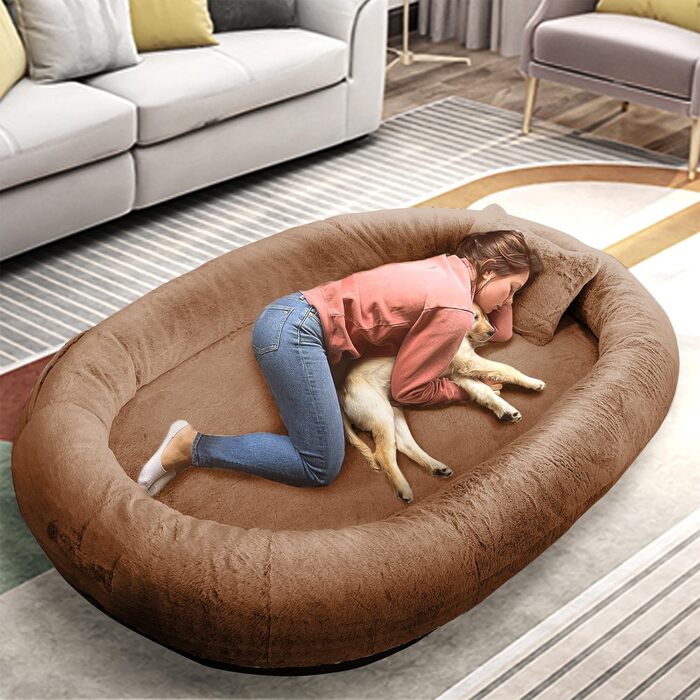 Велике собаче ліжко Furryfection для людей, 180x114x35,6 см, коричневе, з ковдрою та подушкою